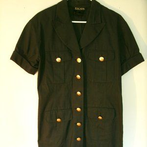 Vintage Escada Dress Black Cargo Shirt Gold Elephant Buttons 1990s Cotton